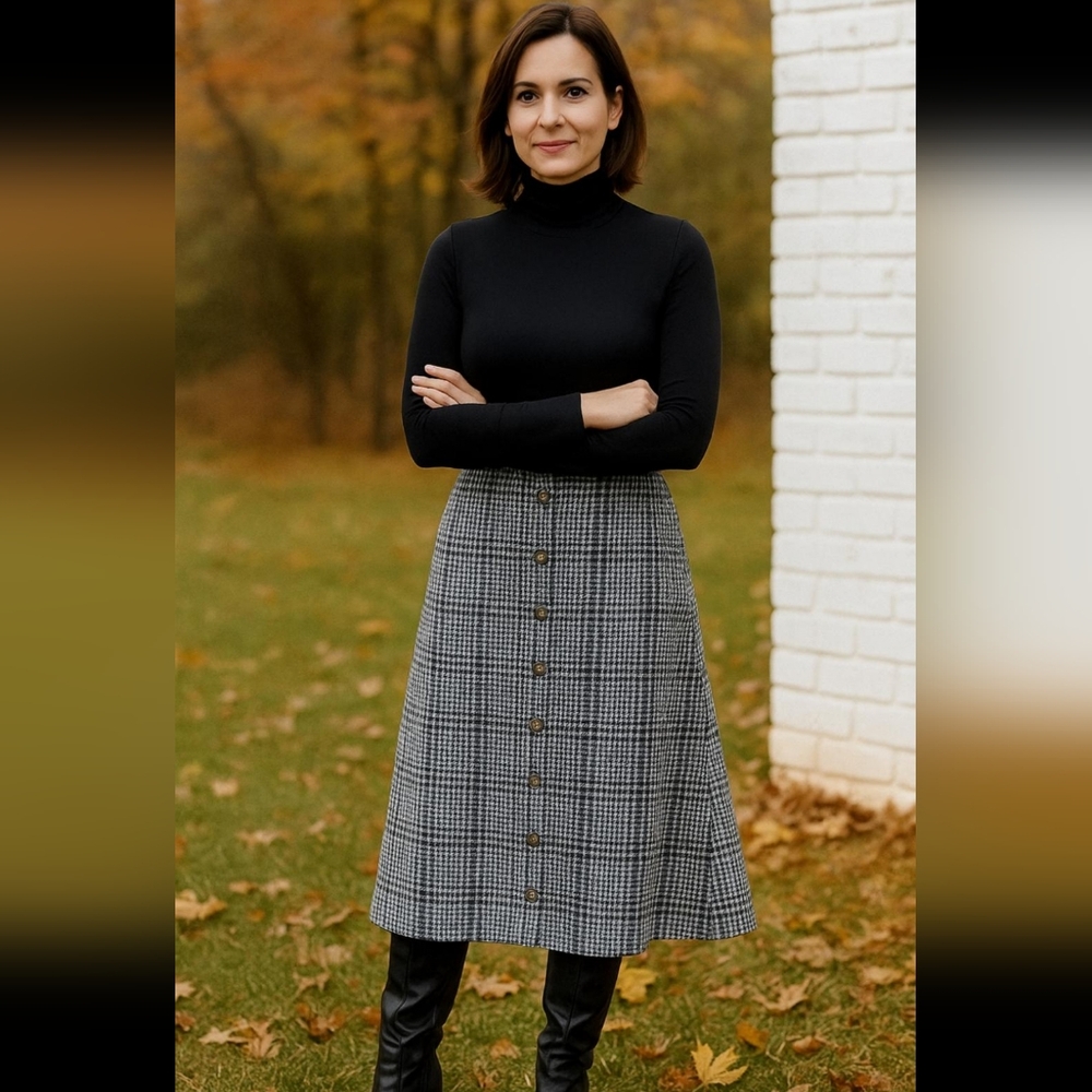 Perception Concept Black and White Button Front Houndstooth  A-Line Midi Skirt